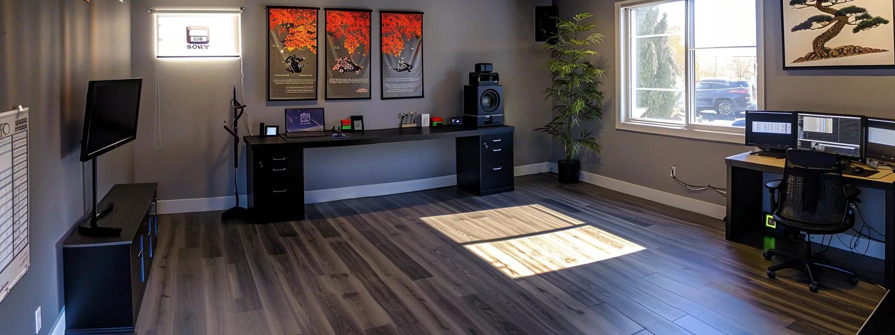 a sleek martial arts studio features an organized administrative workstation with a computer displaying streamlined invoicing software, showcasing the efficiency and professionalism of the school's billing process.