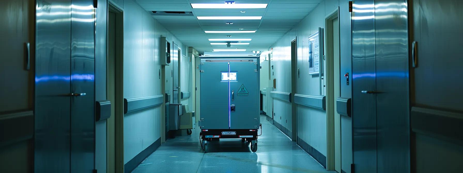 a sleek, mobile morgue freezer is prominently displayed in a dimly lit emergency response facility, showcasing its rugged design and integrated wheels, while an led temperature display glows to indicate optimal conditions under the sterile fluorescent lights. a sleek, mobile morgue freezer is prominently displayed in a dimly lit emergency response facility, showcasing its rugged design and integrated wheels, while an led temperature display glows to indicate optimal conditions under the sterile fluorescent lights.