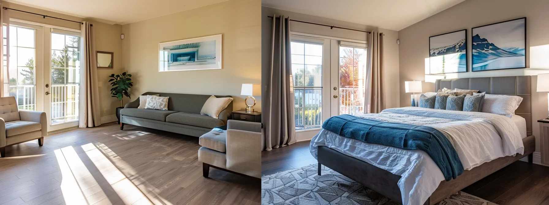 a sleek, modern airbnb interior showcases luxurious furnishings, pristine hotel-quality linens draped over elegant beds, and an inviting, sunlit seating area, all emphasizing the importance of professional cleaning services for an impeccable guest experience.