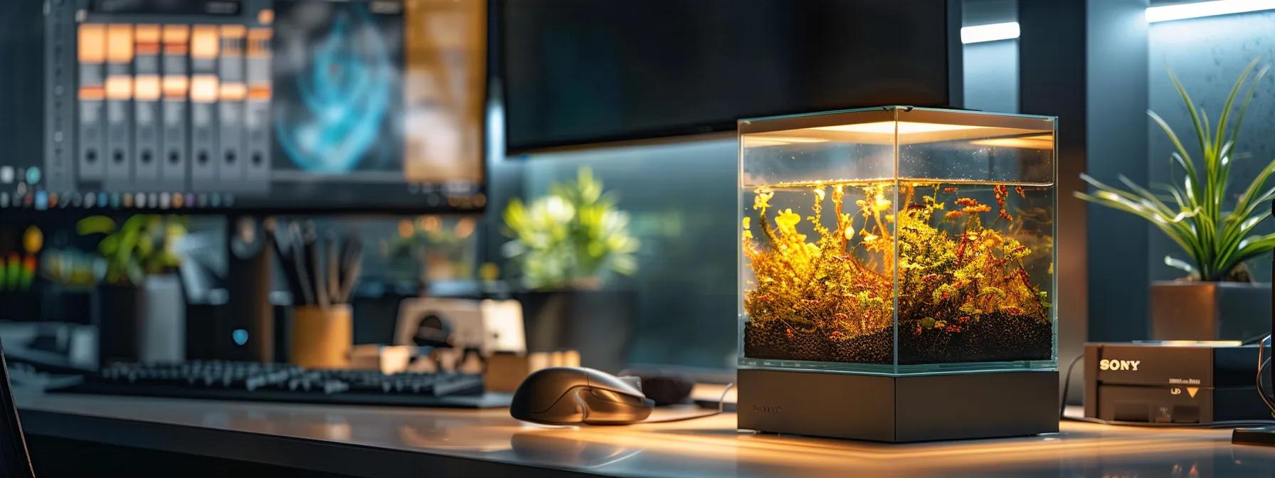 a sleek, modern ant cube habitat sits prominently on a polished office desk, illuminated by focused led lighting, showcasing intricate layers of substrate and ventilation to emphasize optimal conditions for a thriving ant colony. a sleek, modern ant cube habitat sits prominently on a polished office desk, illuminated by focused led lighting, showcasing intricate layers of substrate and ventilation to emphasize optimal conditions for a thriving ant colony.