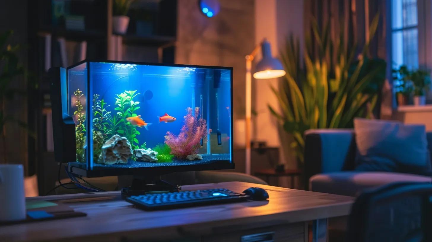 a sleek, modern aquarium filter sits prominently on a stylish desk in a cozy home office, with a serene fish tank in the background, illustrating the importance of noise levels and ambiance for both aquatic life and the workspace atmosphere. a sleek, modern aquarium filter sits prominently on a stylish desk in a cozy home office, with a serene fish tank in the background, illustrating the importance of noise levels and ambiance for both aquatic life and the workspace atmosphere.