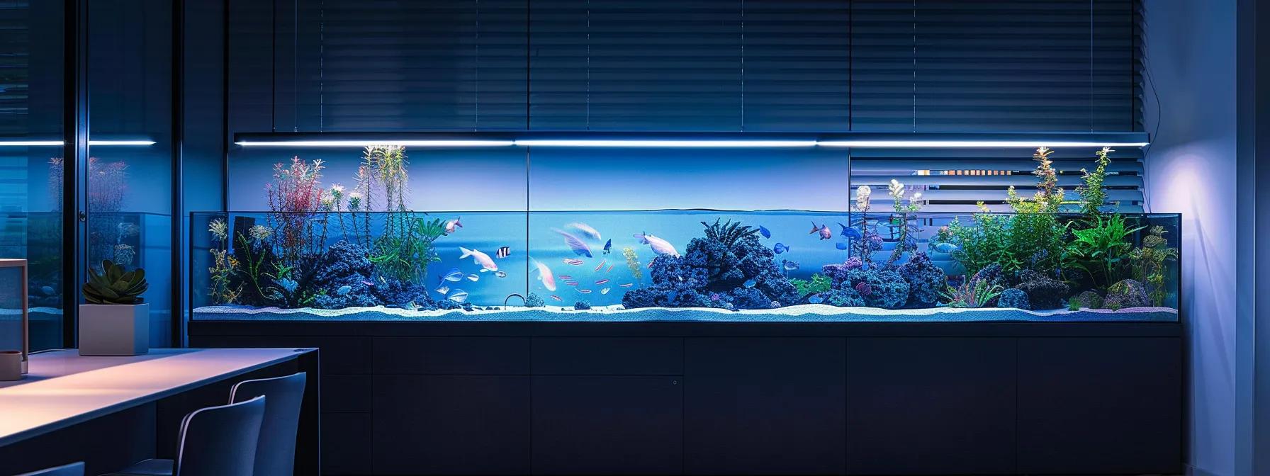 a sleek modern aquarium illuminated by vibrant, energy-efficient led lights, showcasing healthy aquatic life in a well-organized, contemporary office setting. a sleek modern aquarium illuminated by vibrant, energy-efficient led lights, showcasing healthy aquatic life in a well-organized, contemporary office setting.