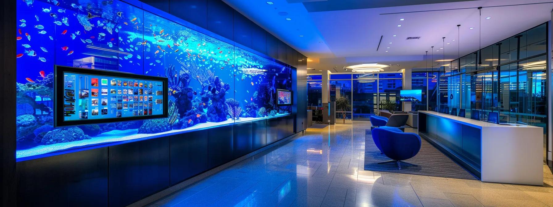 a sleek, modern aquarium illuminated by vibrant led lights showcases various aquatic species, with a high-tech control panel prominently featured in an urban office environment, emphasizing the innovative technology and customizable ambiance for fish enthusiasts. a sleek, modern aquarium illuminated by vibrant led lights showcases various aquatic species, with a high-tech control panel prominently featured in an urban office environment, emphasizing the innovative technology and customizable ambiance for fish enthusiasts.