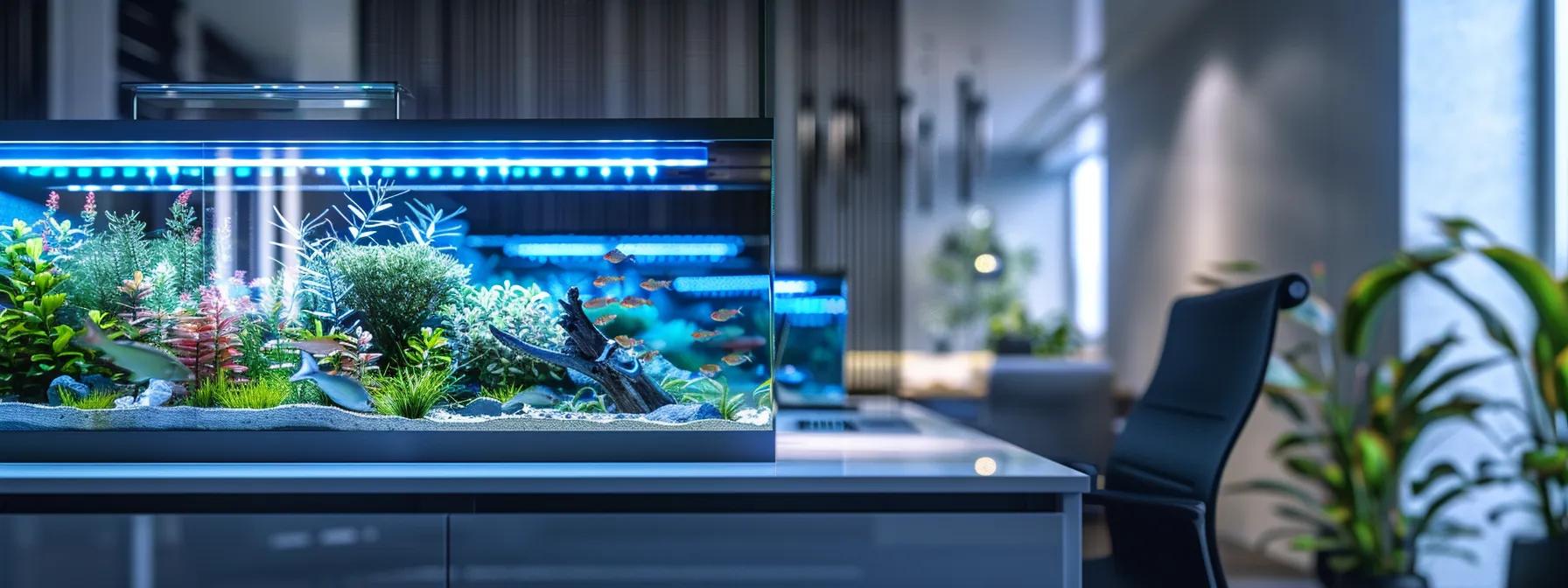 a sleek, modern aquarium illuminated by vibrant led lights in a contemporary office setting, showcasing the striking colors of fish and aquatic plants amidst a minimalist backdrop of stylish office furniture. a sleek, modern aquarium illuminated by vibrant led lights in a contemporary office setting, showcasing the striking colors of fish and aquatic plants amidst a minimalist backdrop of stylish office furniture.