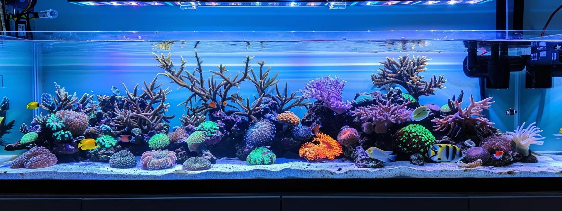 a sleek, modern aquarium setup illuminated by vibrant led lighting showcases the meticulous installation process, highlighting the precise alignment of fixtures above the tank and the shimmering aquatic life below in a stylish urban office environment. a sleek, modern aquarium setup illuminated by vibrant led lighting showcases the meticulous installation process, highlighting the precise alignment of fixtures above the tank and the shimmering aquatic life below in a stylish urban office environment.