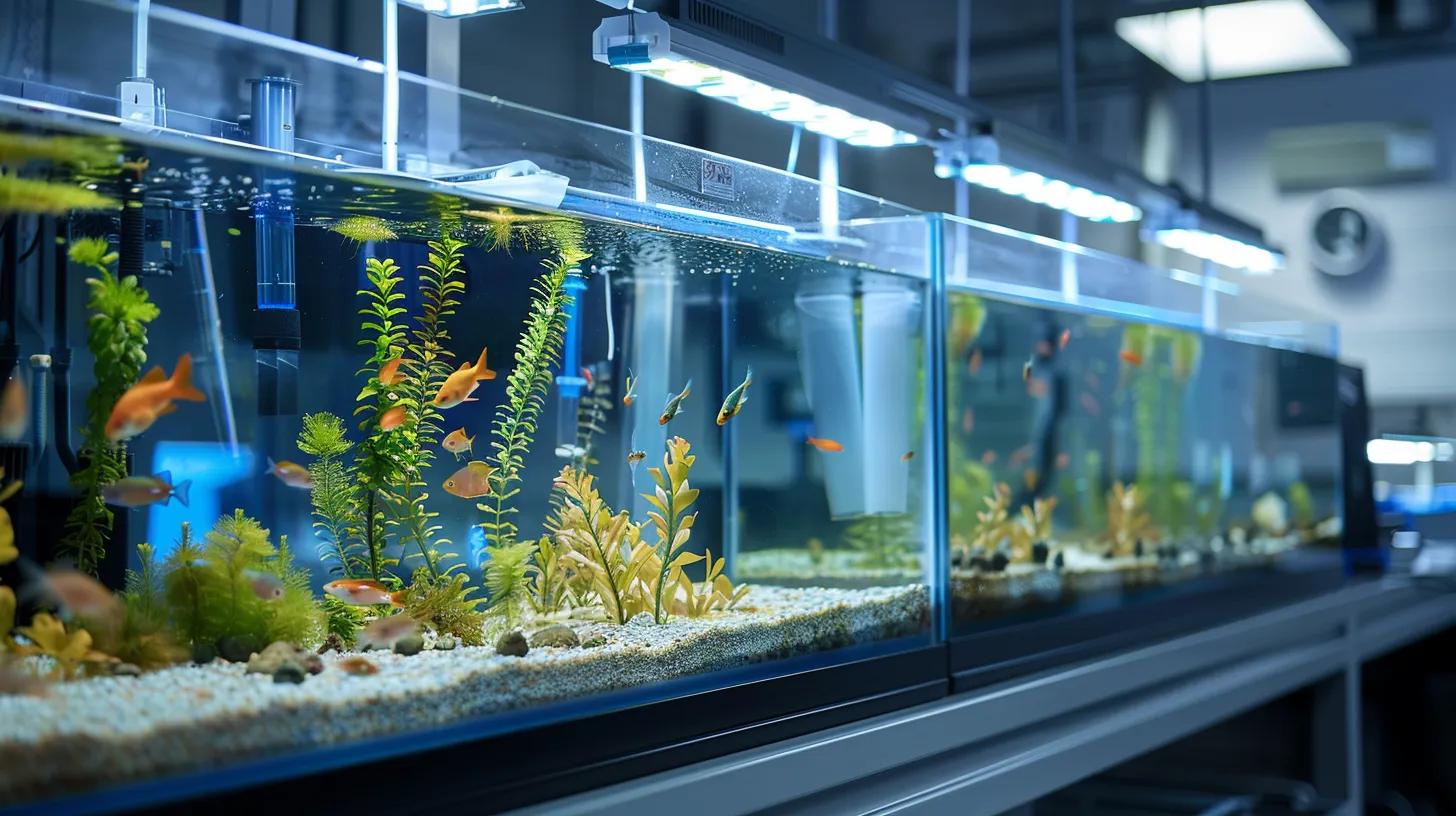 a sleek, modern aquarium setup in a professional laboratory setting showcases sophisticated filtration systems with clear indicators of flow rates, highlighting the intricate balance between water quality, oxygen distribution, and fish health. a sleek, modern aquarium setup in a professional laboratory setting showcases sophisticated filtration systems with clear indicators of flow rates, highlighting the intricate balance between water quality, oxygen distribution, and fish health.
