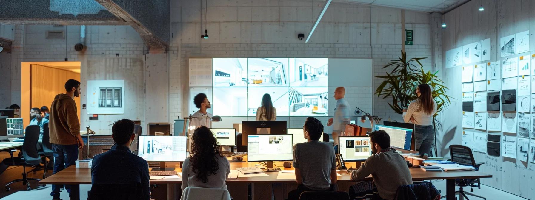 a sleek, modern architectural studio filled with blueprints and digital screens, showcasing aspiring professionals engaged in intense discussions about innovative designs and certification pathways.