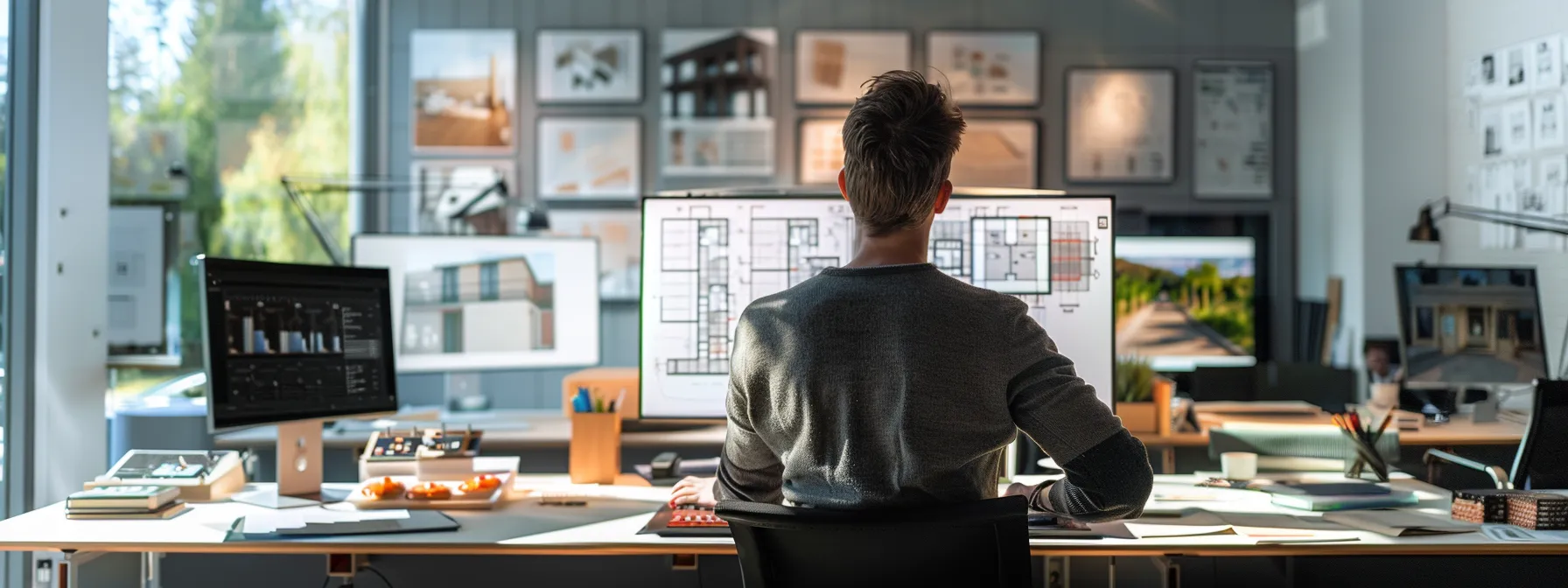 a sleek, modern architectural studio showcases a designer intently focused on a detailed revit floor plan displayed on a large screen, surrounded by vibrant samples of various flooring materials and finishes, emphasizing innovative design solutions.