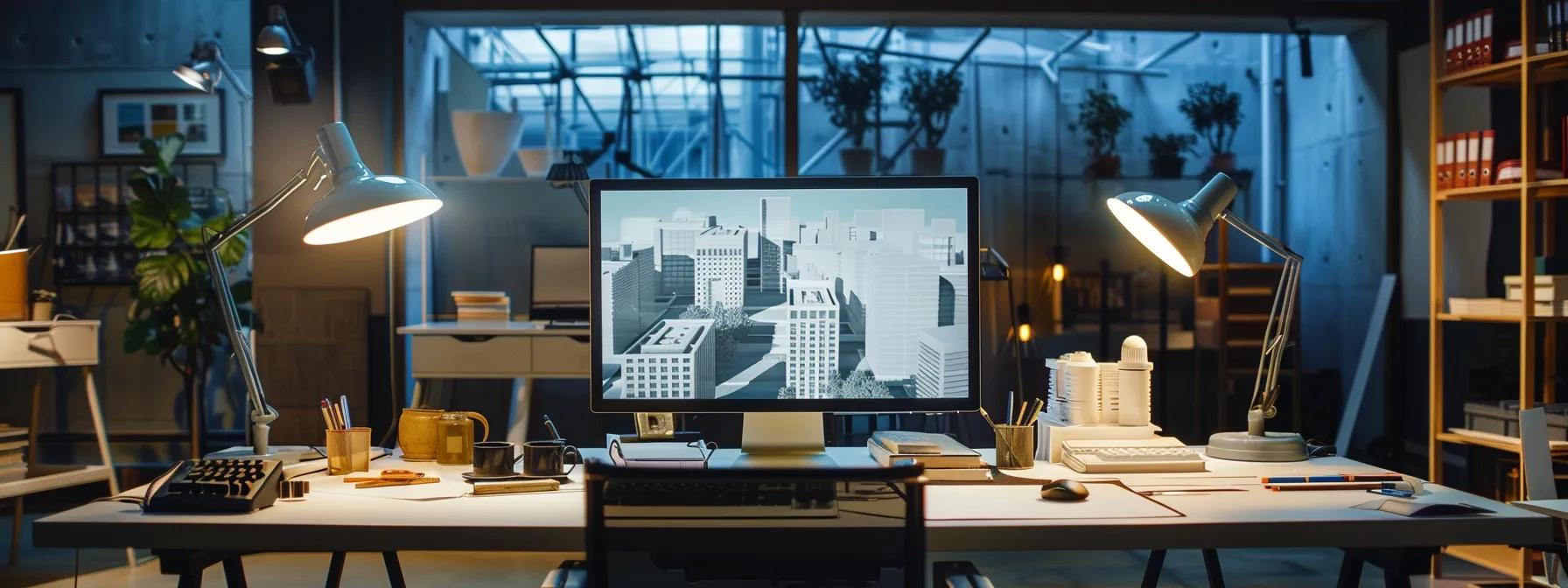 a sleek, modern architecture studio with a large computer screen displaying intricate 3d architectural models, illuminated by bright overhead lights and surrounded by drafting tools and design sketches on a polished workspace.