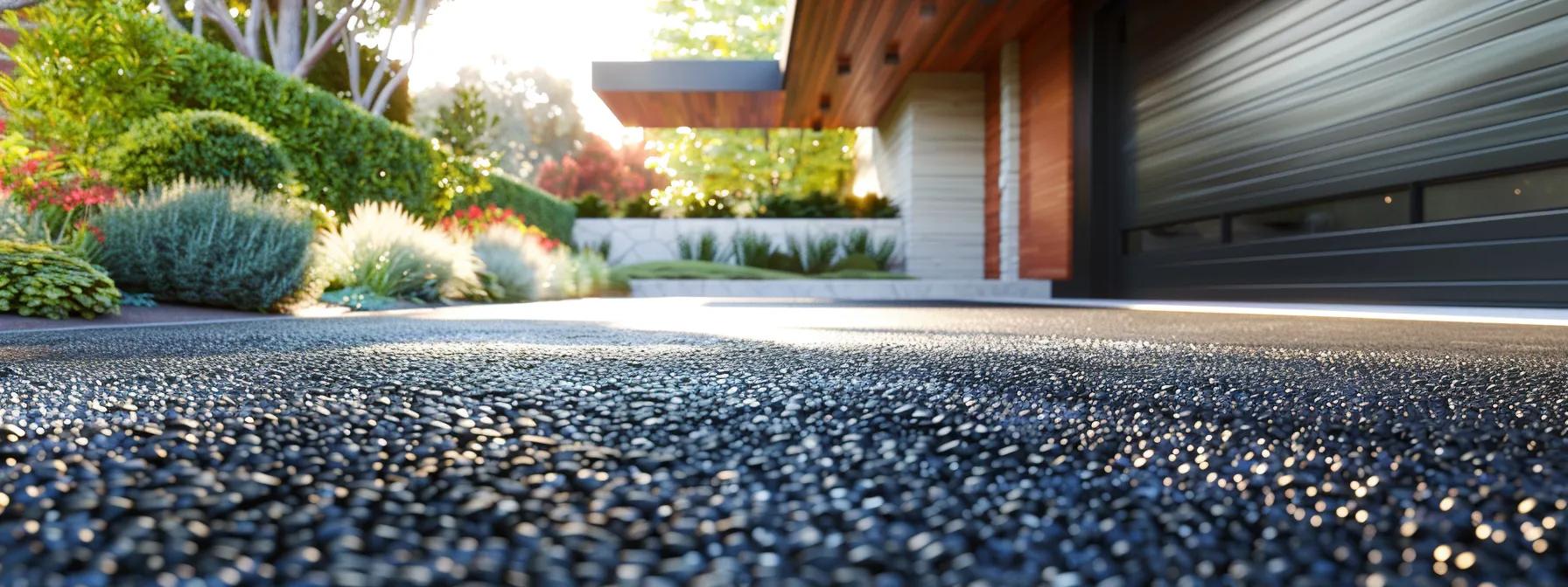 a sleek, modern asphalt driveway seamlessly integrates with a stylish san diego home, showcasing various design elements and recycled materials as sunlight highlights the durability and appeal of the surface.