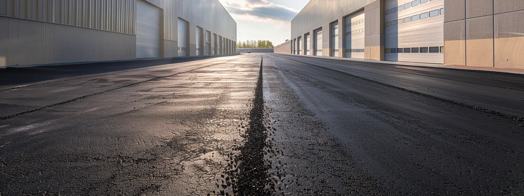 a sleek, modern asphalt paving facility with two contrasting sections—one showcasing freshly resurfaced pavement glistening under bright overhead lights and the other displaying worn-out asphalt awaiting full replacement, emphasizing the critical decision-making process between resurfacing and complete asphalt renovations.