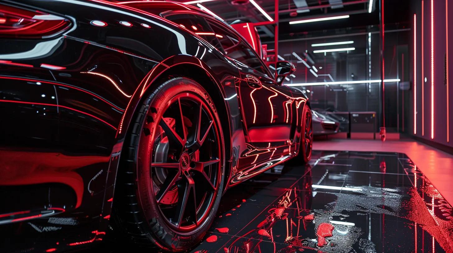 a sleek, modern auto detailing shop in balgowlah showcases a gleaming vehicle undergoing a professional ceramic coating application, with vivid lighting highlighting the glossy surface and intricate detailing of the paintwork.
