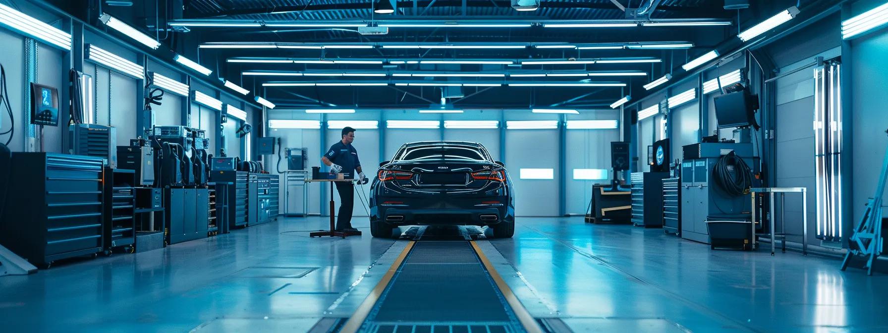 a sleek, modern automotive workshop with advanced diagnostic equipment, showcasing a mechanic inspecting a vehicle, symbolizing how proactive maintenance can lead to significant cost savings for car owners.