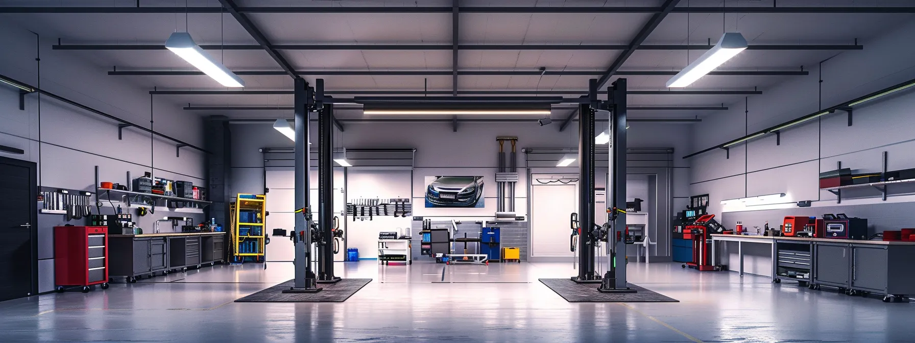 Top Benefits of Direct and Forward Four Post Vehicle Lifts a sleek, modern automotive workshop features a direct lift four post lift prominently displayed, showcasing its robust design and safety features under focused industrial lighting, with tools and equipment neatly organized in the background to emphasize a professional setting.