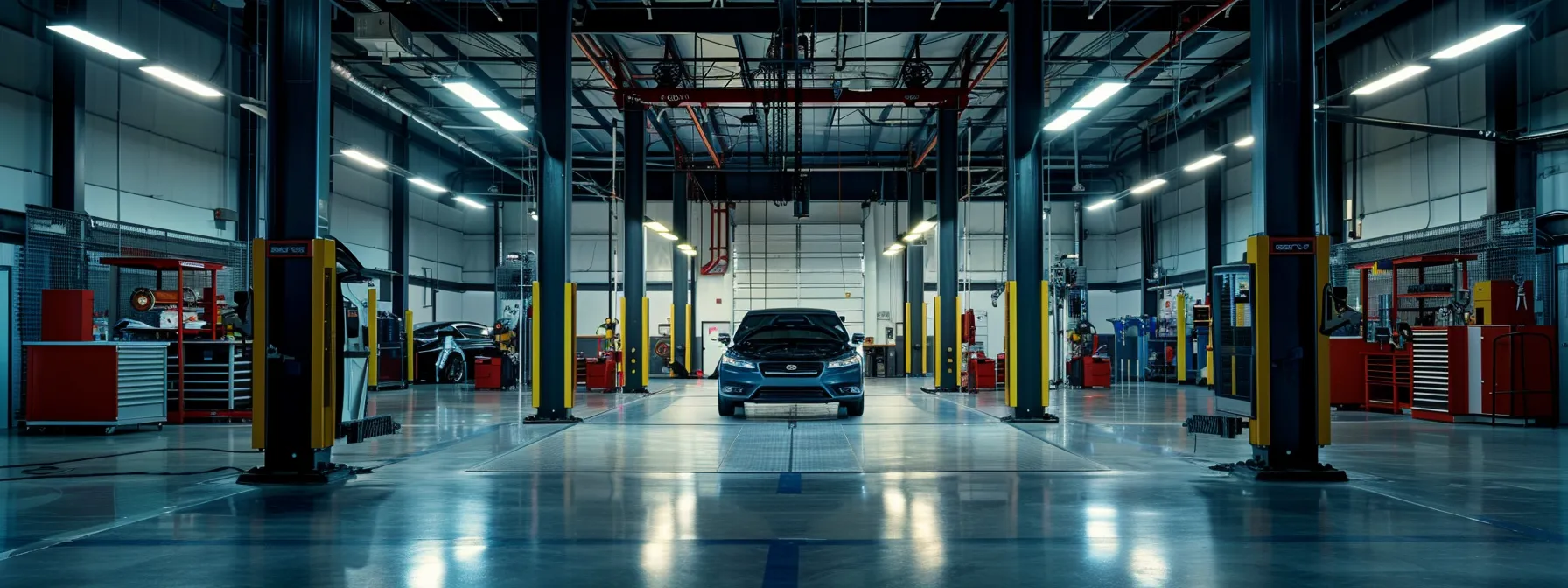 Top Benefits of Direct and Forward Four Post Vehicle Lifts a sleek, modern automotive workshop features a prominent forward lift four post lift in action, showcasing its robust design and safety features, illuminated by bright overhead lights that enhance the industrial atmosphere.