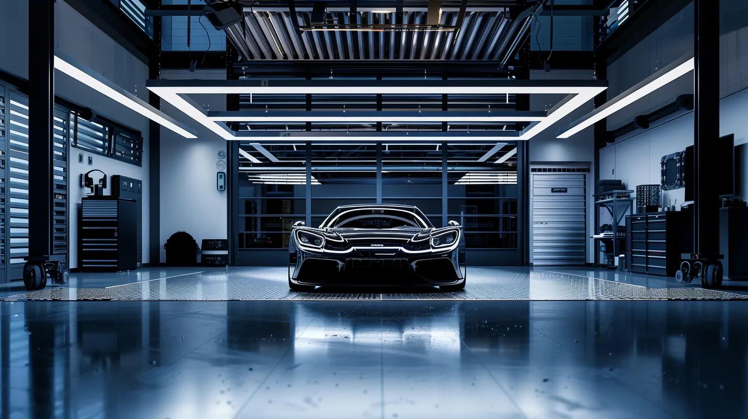 a sleek, modern automotive workshop, illuminated by soft overhead lighting, showcases an expertly applied ceramic coating on a glossy, high-end sports car, highlighting the reflective surfaces and intricate detailing.