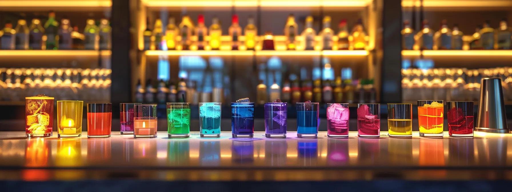 a sleek, modern bar countertop showcases an array of colorful thc-infused drinks in elegant glassware, each labeled with distinctive branding, illuminated by soft ambient lighting that highlights their unique flavors and calming attributes. a sleek, modern bar countertop showcases an array of colorful thc-infused drinks in elegant glassware, each labeled with distinctive branding, illuminated by soft ambient lighting that highlights their unique flavors and calming attributes.