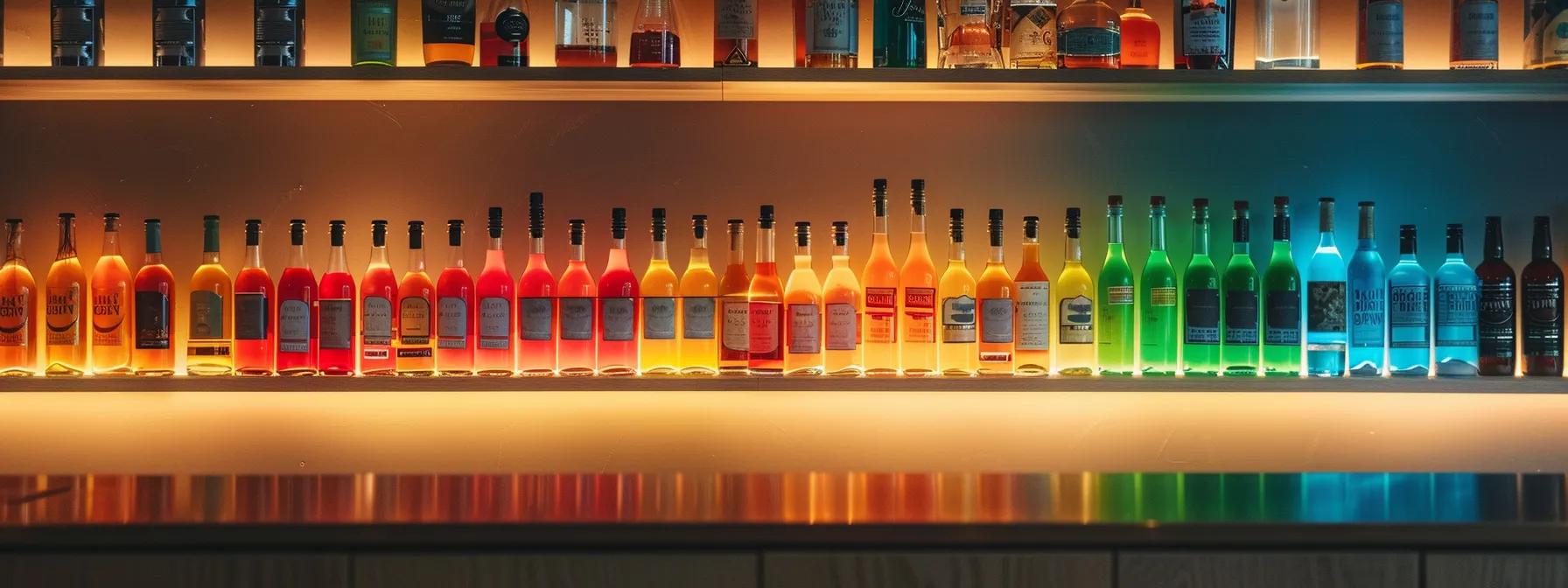 a sleek, modern bar counter showcases an array of colorful thc-infused beverages in elegantly designed bottles, illuminated by soft, ambient lighting that highlights the intricate labels and hints at the unique flavor profiles within each drink. a sleek, modern bar counter showcases an array of colorful thc-infused beverages in elegantly designed bottles, illuminated by soft, ambient lighting that highlights the intricate labels and hints at the unique flavor profiles within each drink.