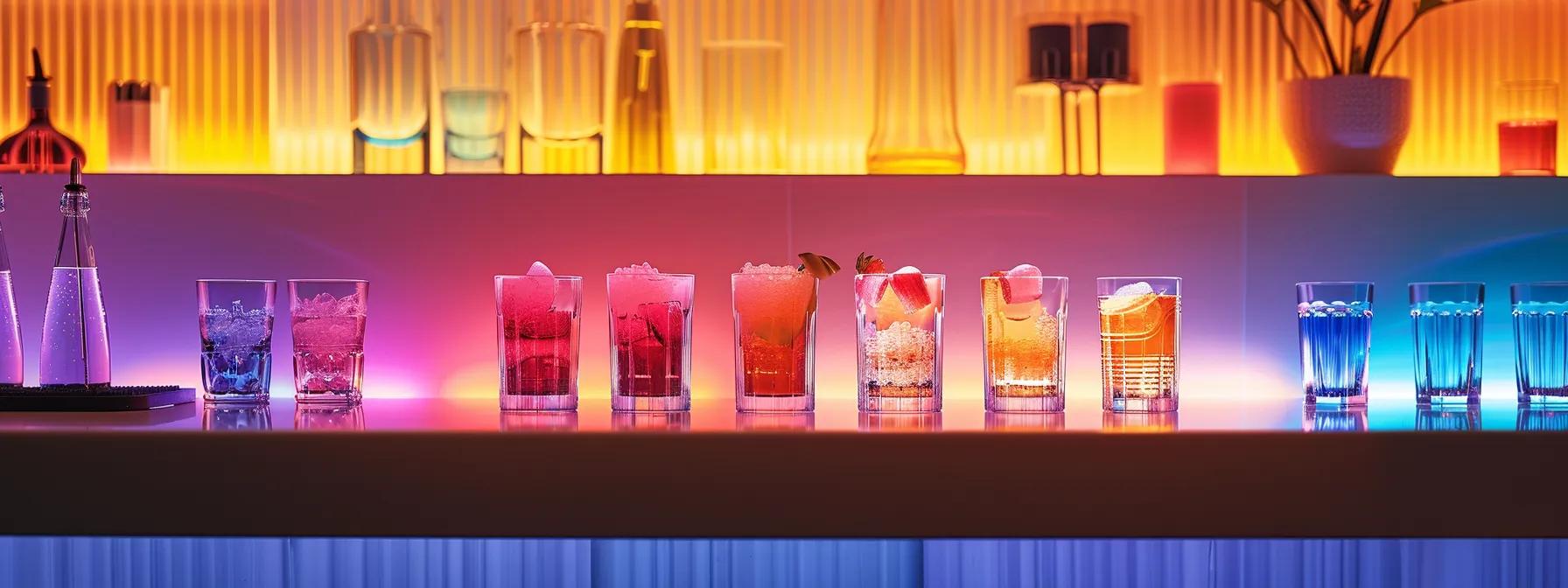 a sleek, modern bar counter showcases an array of vibrant thc-infused beverages in elegant glassware, illuminated by soft ambient lighting, emphasizing a new approach to stress relief in an urban setting. a sleek, modern bar counter showcases an array of vibrant thc-infused beverages in elegant glassware, illuminated by soft ambient lighting, emphasizing a new approach to stress relief in an urban setting.