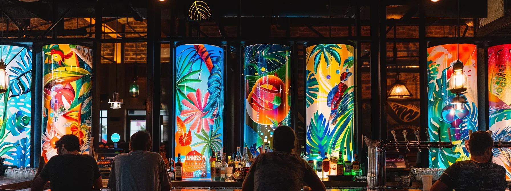a sleek, modern bar scene filled with vibrant, colorful cans of anomaly's tropical orbit seltzer, each showcasing eye-catching tropical designs, surrounded by lively patrons engaged in animated conversation, reflecting the drink's promise of social connection and cognitive clarity. a sleek, modern bar scene filled with vibrant, colorful cans of anomaly's tropical orbit seltzer, each showcasing eye-catching tropical designs, surrounded by lively patrons engaged in animated conversation, reflecting the drink's promise of social connection and cognitive clarity.
