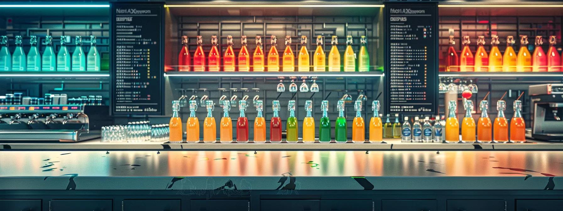 a sleek, modern bar scene showcasing a row of colorful anomaly cannabinoid-infused seltzers prominently displayed on a polished counter, with a visually striking infographic wall in the background detailing their superior nutritional benefits compared to conventional cocktails and sodas. a sleek, modern bar scene showcasing a row of colorful anomaly cannabinoid-infused seltzers prominently displayed on a polished counter, with a visually striking infographic wall in the background detailing their superior nutritional benefits compared to conventional cocktails and sodas.