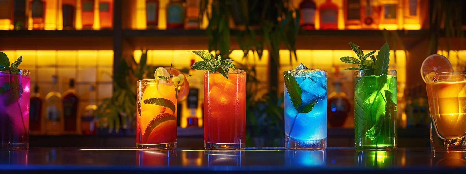 a sleek, modern bar setting showcases an array of colorful thc-infused beverages, each elegantly illuminated, conveying a sense of relaxation and calmness in an upscale urban lounge atmosphere. a sleek, modern bar setting showcases an array of colorful thc-infused beverages, each elegantly illuminated, conveying a sense of relaxation and calmness in an upscale urban lounge atmosphere.