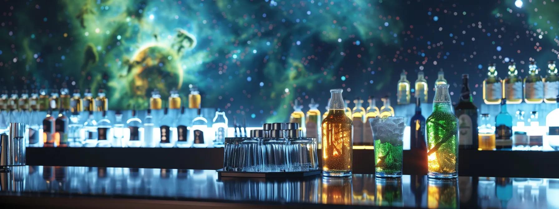 a sleek, modern bar setting showcases anomaly's thc-infused seltzers elegantly arranged on a polished countertop, with swirling nebulas and vibrant green planetary systems artistically projected in the background to evoke a sense of creativity and elevated experiences. a sleek, modern bar setting showcases anomaly's thc-infused seltzers elegantly arranged on a polished countertop, with swirling nebulas and vibrant green planetary systems artistically projected in the background to evoke a sense of creativity and elevated experiences.