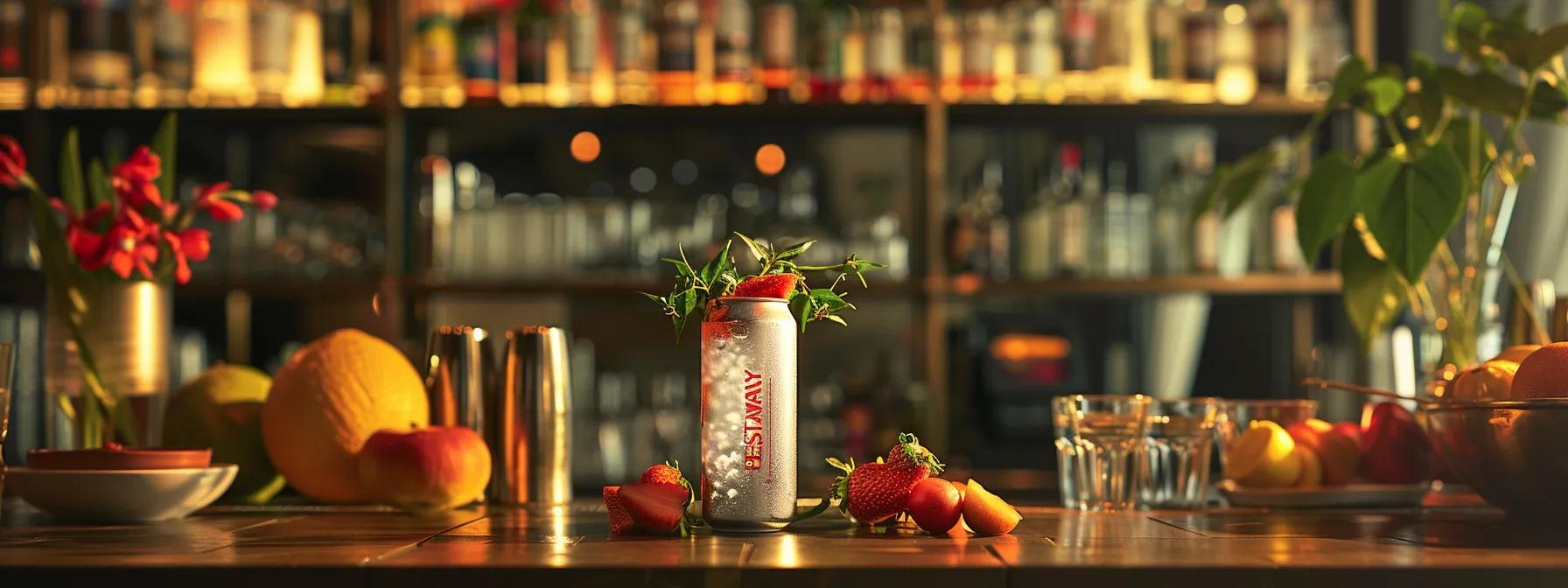 a sleek, modern bar setting showcases a chilled can of delta-9 thc seltzer, glistening under sophisticated ambient lighting, surrounded by vibrant fruit garnishes and minimalist glassware that emphasize its premium, refreshing quality. a sleek, modern bar setting showcases a chilled can of delta-9 thc seltzer, glistening under sophisticated ambient lighting, surrounded by vibrant fruit garnishes and minimalist glassware that emphasize its premium, refreshing quality.