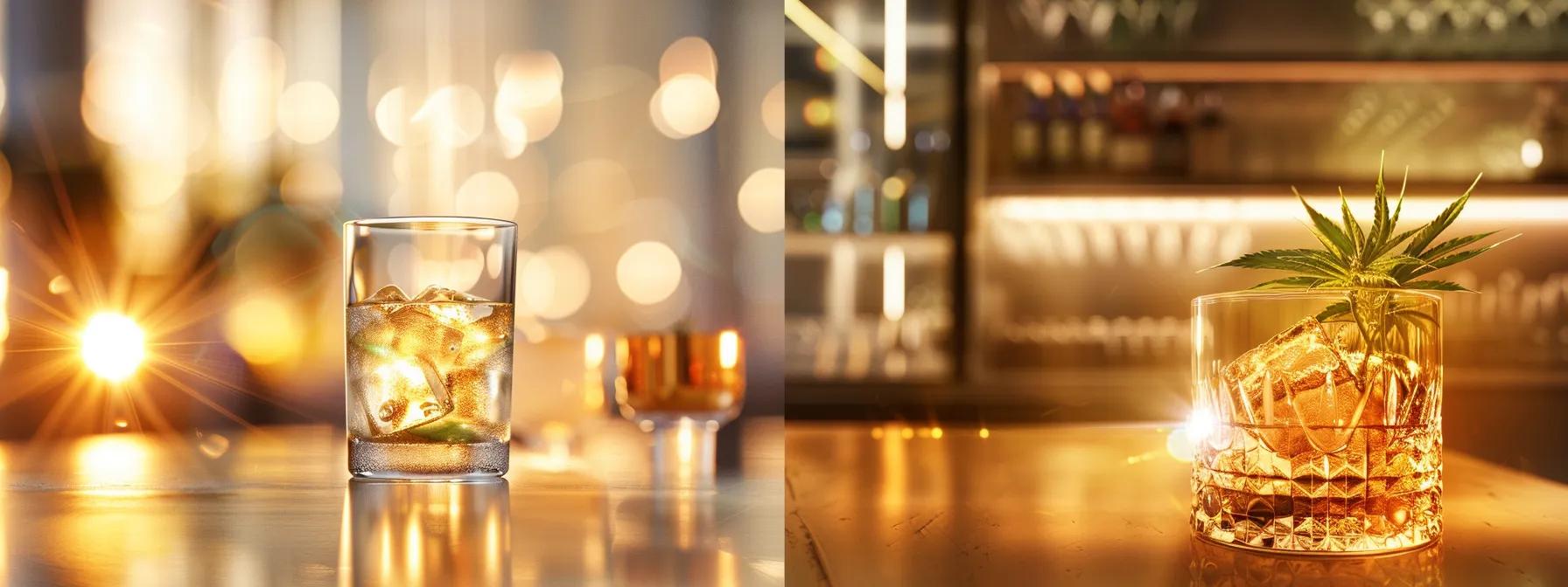 a sleek, modern bar setting showcases an array of elegantly designed thc-infused drinks, with a soft, warm glow highlighting the inviting atmosphere, emphasizing the theme of mindful consumption for wellness. a sleek, modern bar setting showcases an array of elegantly designed thc-infused drinks, with a soft, warm glow highlighting the inviting atmosphere, emphasizing the theme of mindful consumption for wellness.
