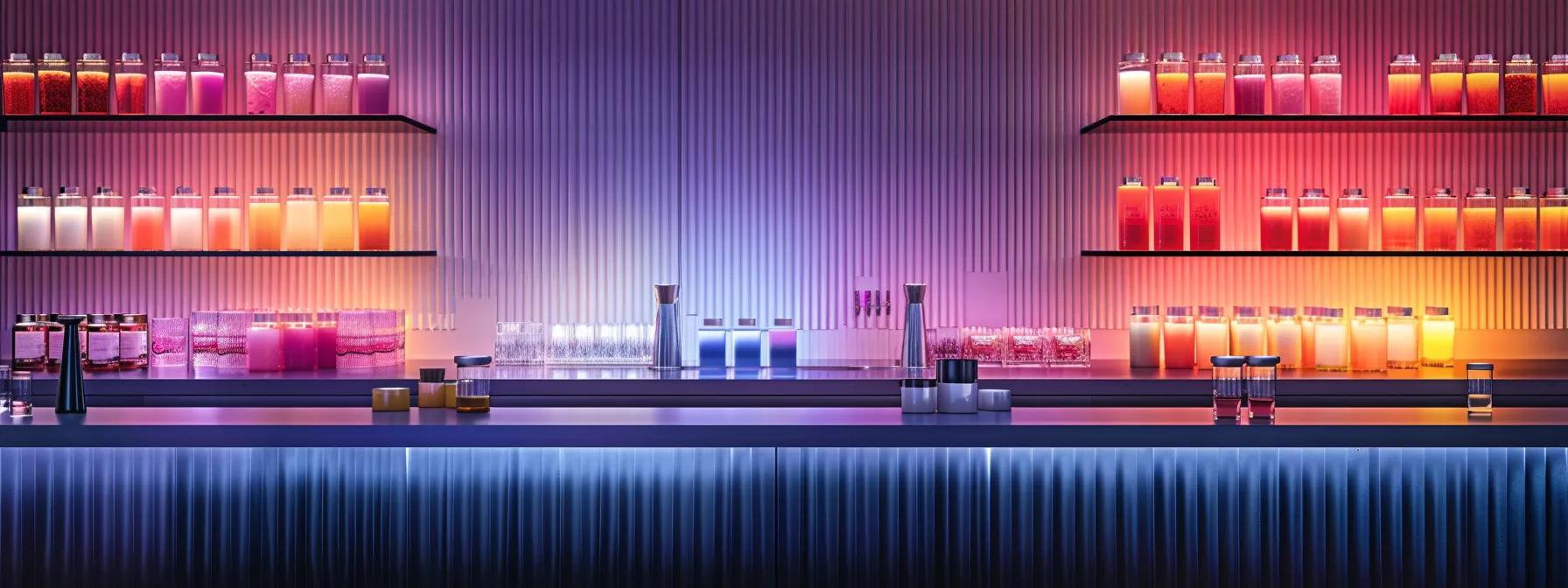 a sleek, modern bar setting showcases a variety of elegantly packaged thc-infused beverages, with dynamic lighting highlighting the vibrant colors and textures of the drinks, reflecting an urban cocktail culture focused on indulgence and experimentation. a sleek, modern bar setting showcases a variety of elegantly packaged thc-infused beverages, with dynamic lighting highlighting the vibrant colors and textures of the drinks, reflecting an urban cocktail culture focused on indulgence and experimentation.