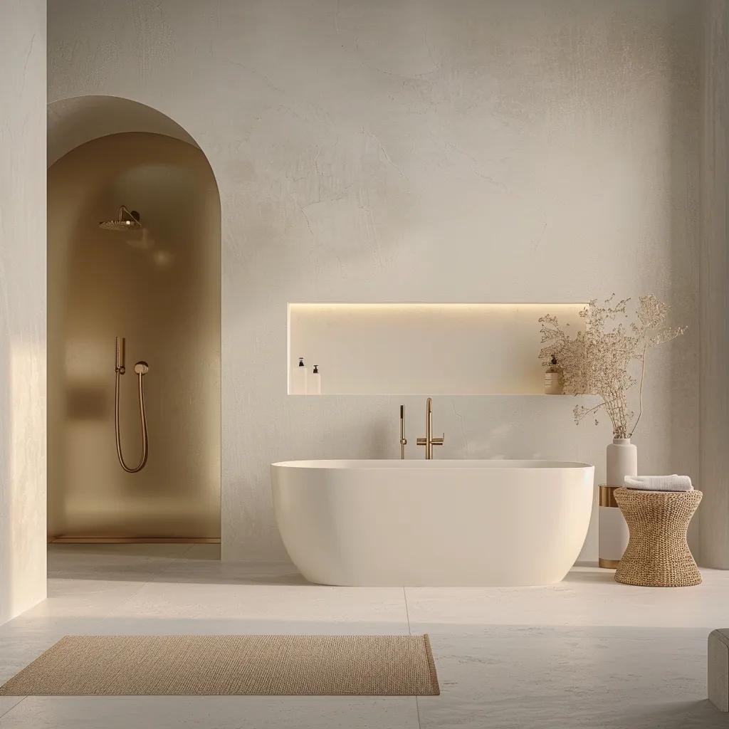 a sleek, modern bathroom featuring brushed brass tapware prominently displayed against a minimalist white backdrop, highlighting the elegant design and luxurious finish.