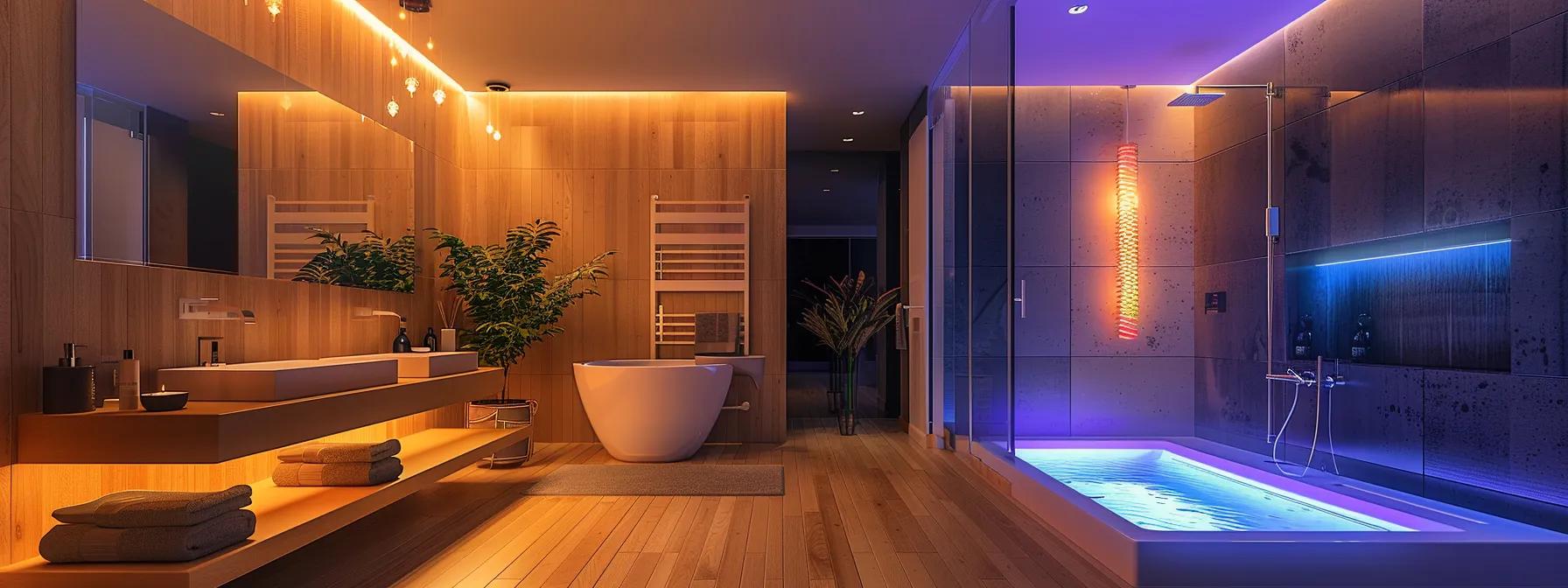 a sleek, modern bathroom in houston showcases stylish fixtures and materials, highlighted by an infographic on local remodeling costs and considerations displayed prominently on the wall, illuminated by warm artificial lighting.
