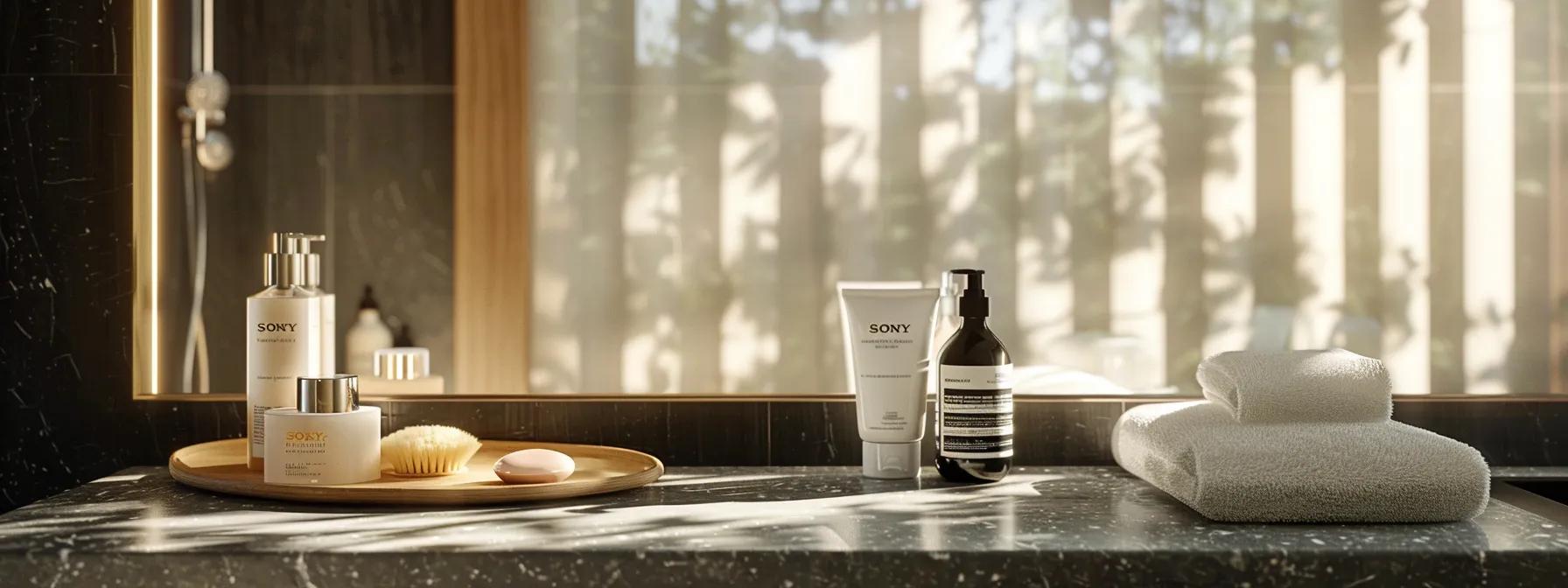 a sleek, modern bathroom setting features elegantly arranged skincare products, including exfoliating scrubs and soothing lotions, creating a sophisticated atmosphere for post-waxing care focused on preventing irritation and ingrown hairs.