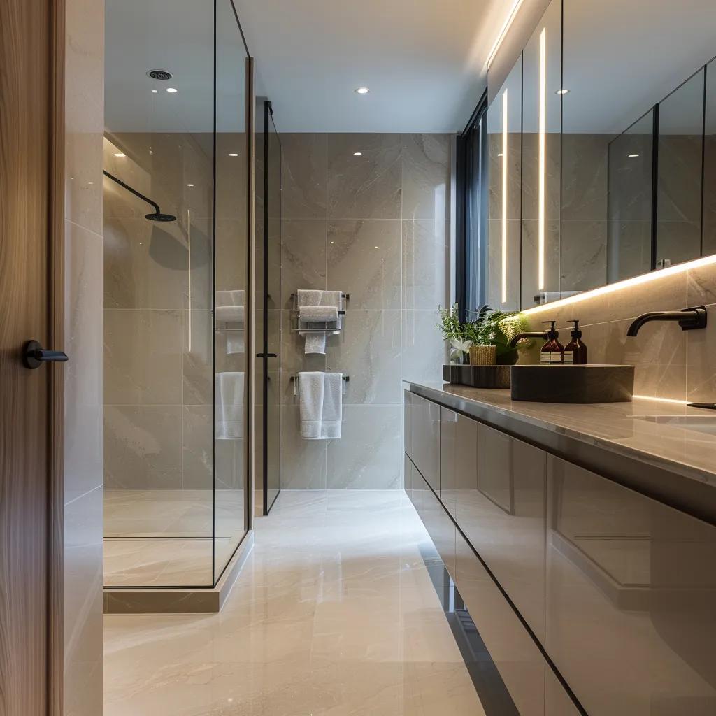 a sleek, modern bathroom showcasing an elegant arrangement of stylish tapware and luxurious vanities, illuminated by crisp overhead lighting that highlights the refined materials and contemporary design.