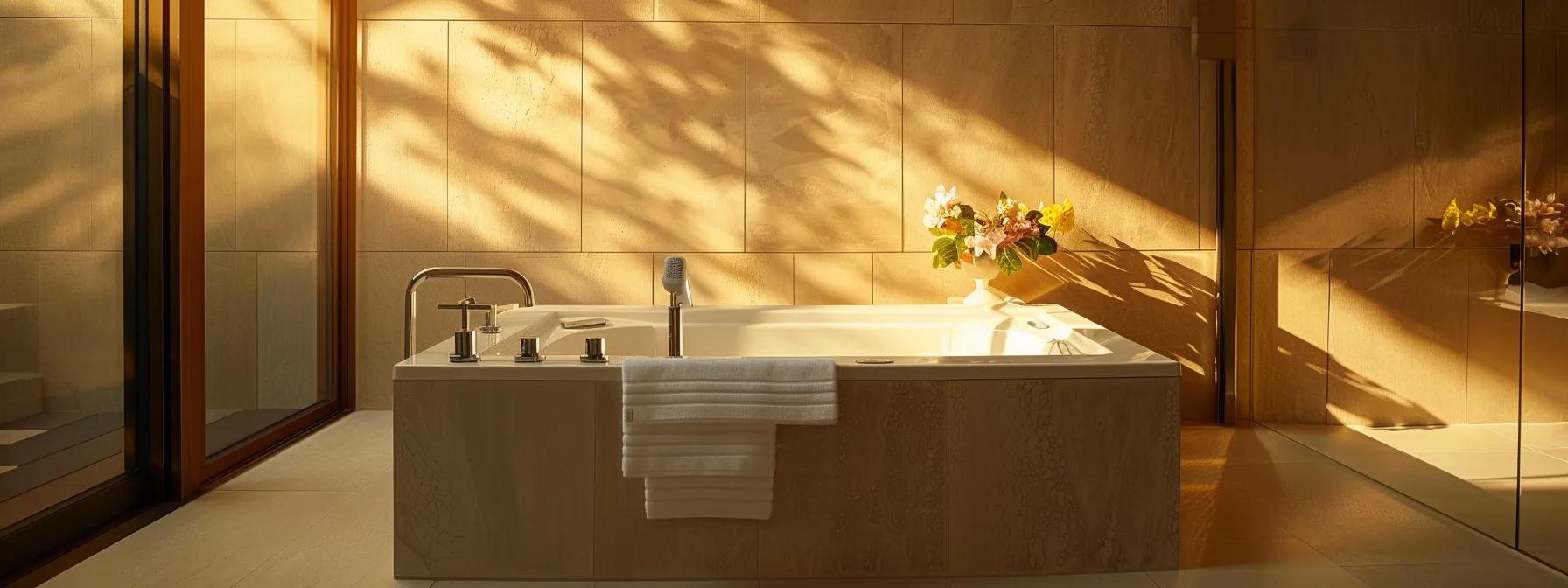 a sleek, modern bathroom showcases a high-quality walk-in tub with strategically placed safety bars, illuminated by warm ambient lighting that highlights the meticulous, certified installation for optimal safety.