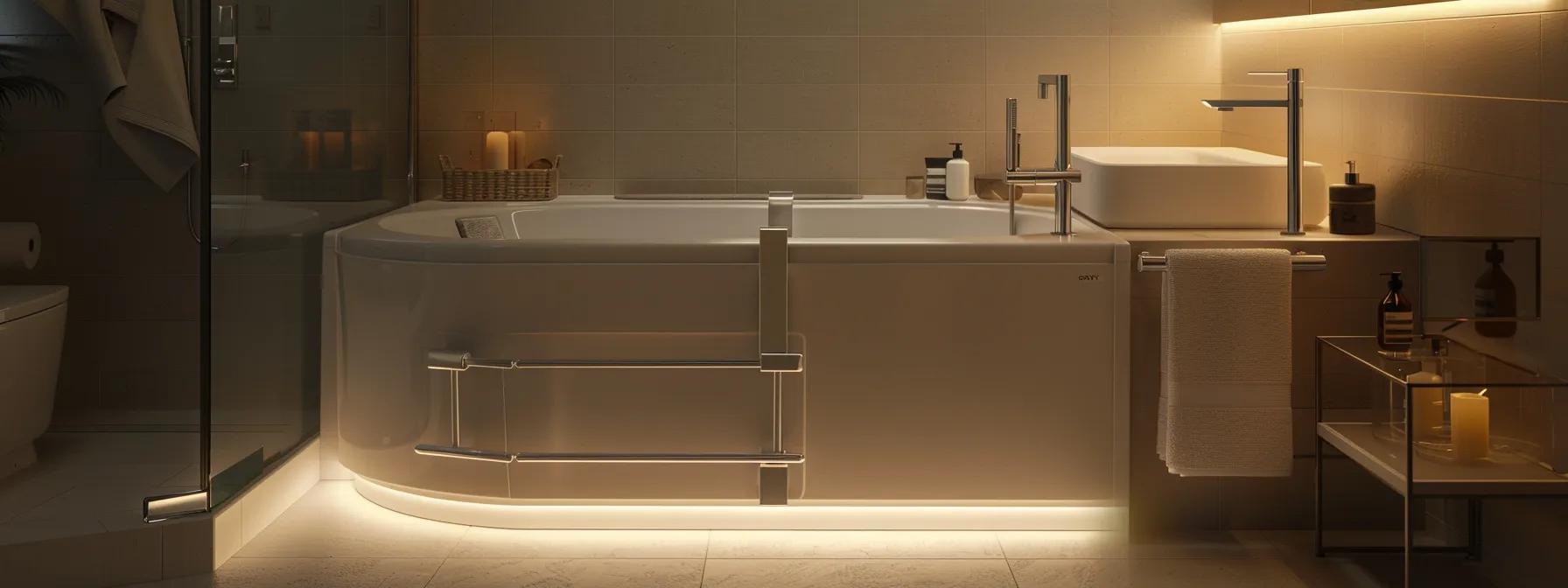 a sleek, modern bathroom showcases a luxurious walk-in tub with ergonomic safety bars, bathed in soft ambient light to emphasize its accessible design and promote a sense of security for senior users.