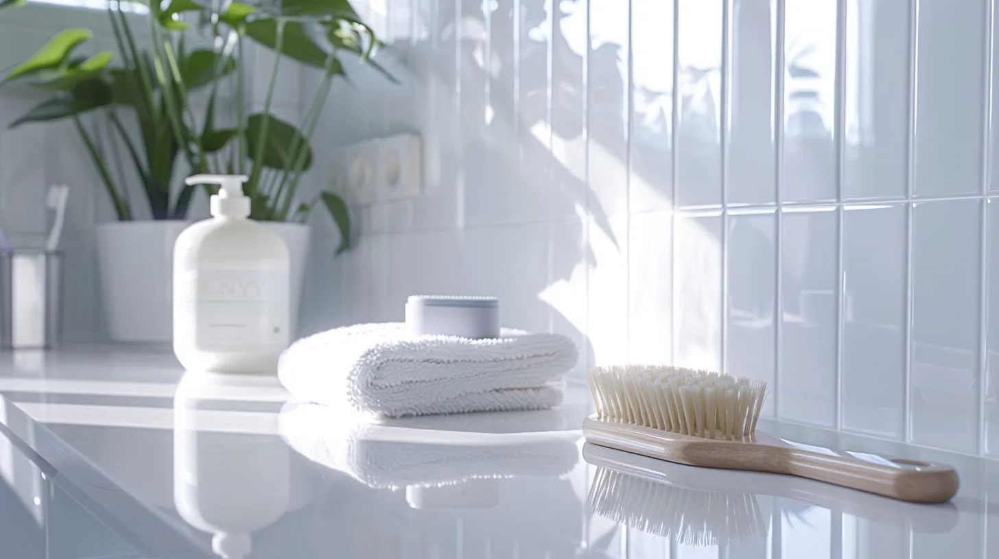 a sleek, modern bathroom showcases pristine, meticulously cleaned white tiles, with a gentle brush and high-quality cleaning products arranged neatly on a polished counter, emphasizing the theme of expert tile maintenance and care.