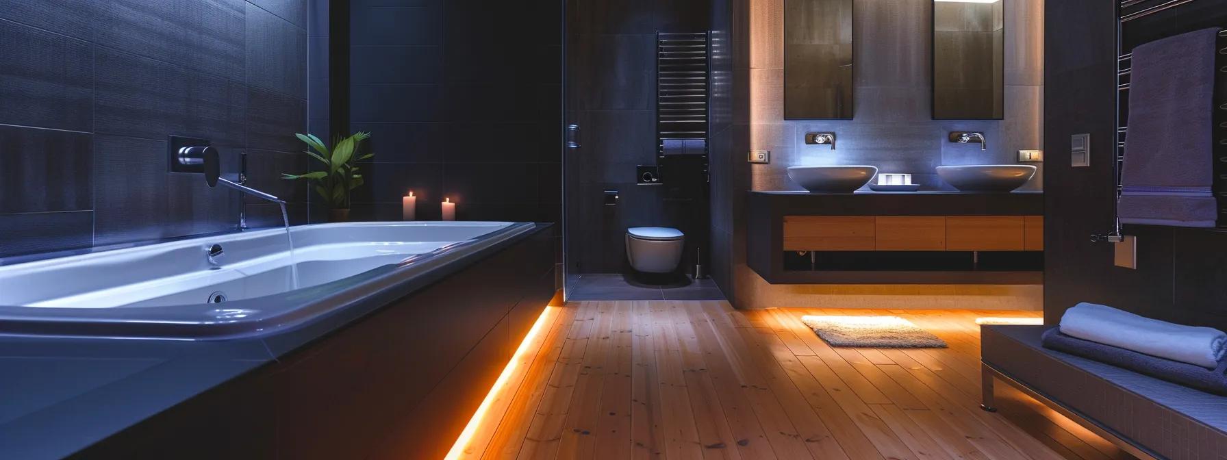 a sleek, modern bathroom showcases a stylish walk-in tub, elegantly illuminated by soft overhead lighting, creating a serene spa-like atmosphere that emphasizes safety and sophistication in home design.