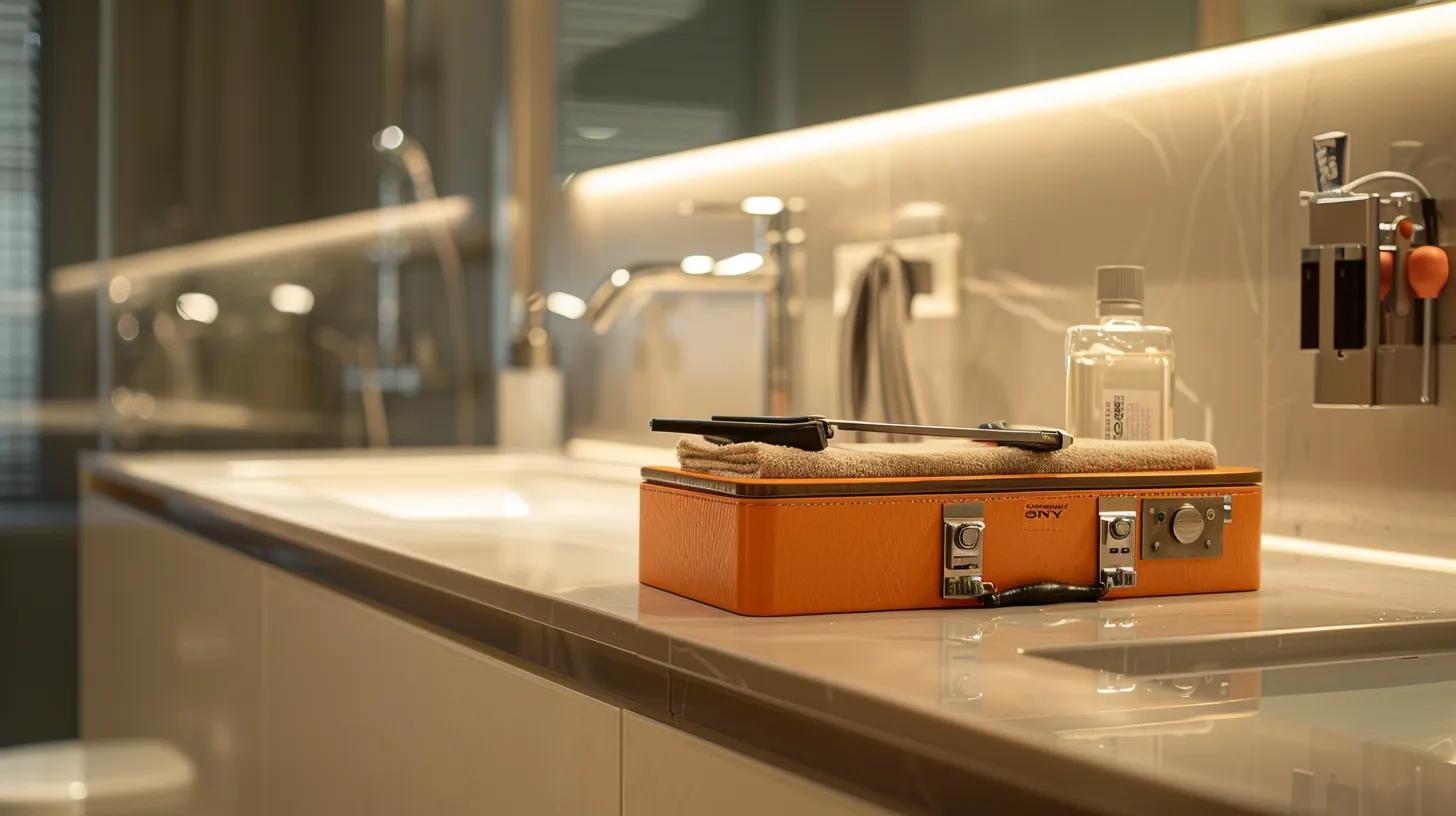 a sleek, modern bathroom with polished fixtures and a toolbox on a pristine countertop, embodying the contrast between diy plumbing tools and the allure of professional craftsmanship, all under bright, focused lighting. a sleek, modern bathroom with polished fixtures and a toolbox on a pristine countertop, embodying the contrast between diy plumbing tools and the allure of professional craftsmanship, all under bright, focused lighting.