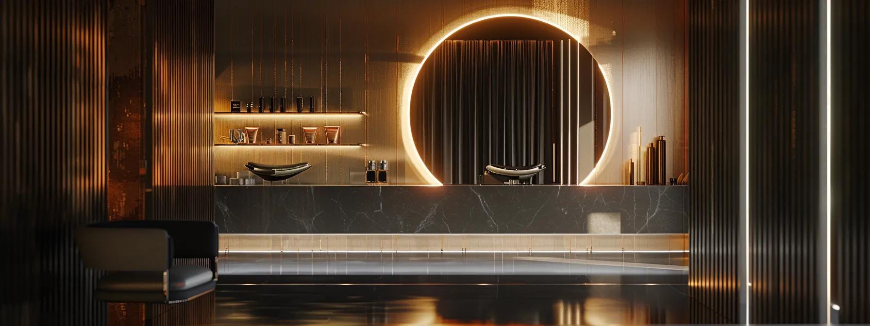 a sleek, modern beauty salon interior featuring a meticulously arranged threading station with an elegant mirror and soft, sophisticated lighting, highlighting the contrast between the precision of threading and the cost-effectiveness of waxing, while emphasizing client satisfaction and longevity of results.