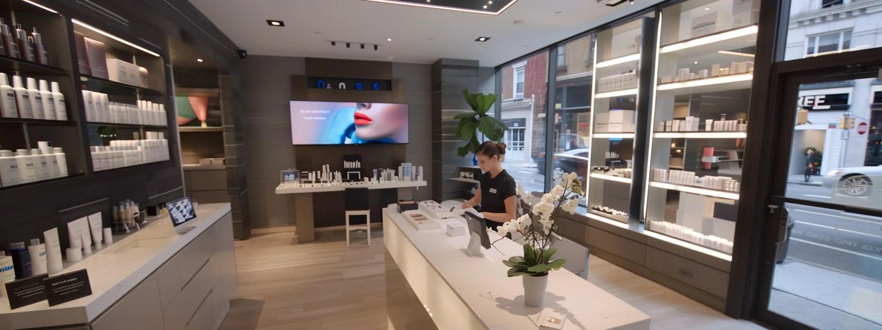 a sleek, modern beauty salon in midtown manhattan showcases an expert technician meticulously performing a lash lift on a client, with vibrant, illuminated displays of premium products and elegant decor creating an atmosphere of luxury and precision.