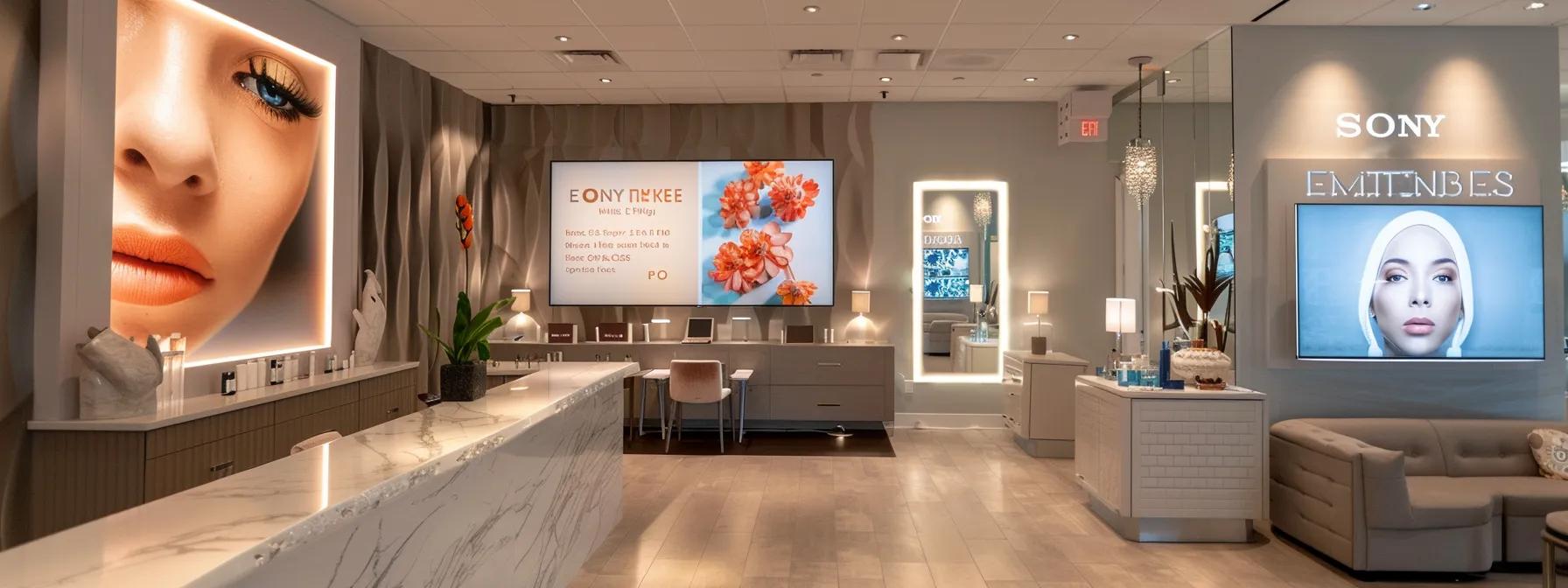 a sleek, modern beauty salon interior showcasing a stylish brow lamination station, complete with elegant lighting, luxurious decor, and a visually compelling service comparison poster prominently displayed for clients to review while awaiting their appointment.