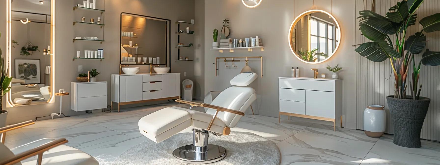 a sleek, modern beauty salon interior showcases a well-lit treatment area with elegant decor and a client reclining comfortably in a stylist chair, highlighting the luxurious experience of a lash lift procedure.