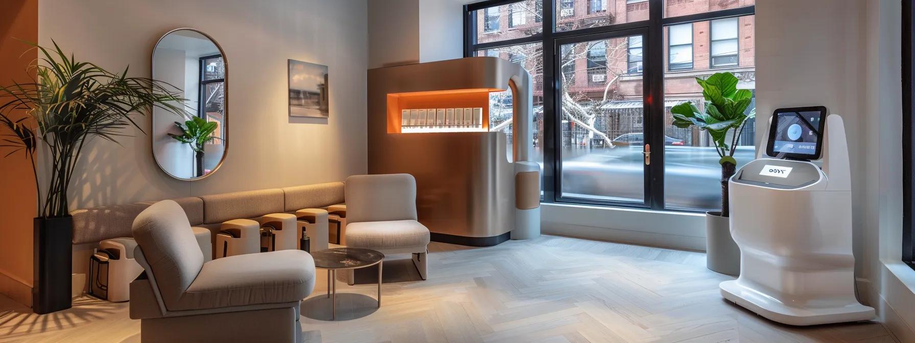 a sleek, modern beauty salon reception area in brooklyn, featuring a stylish booking kiosk and elegantly arranged seating, conveying a sense of accessibility and sophistication in securing appointments.