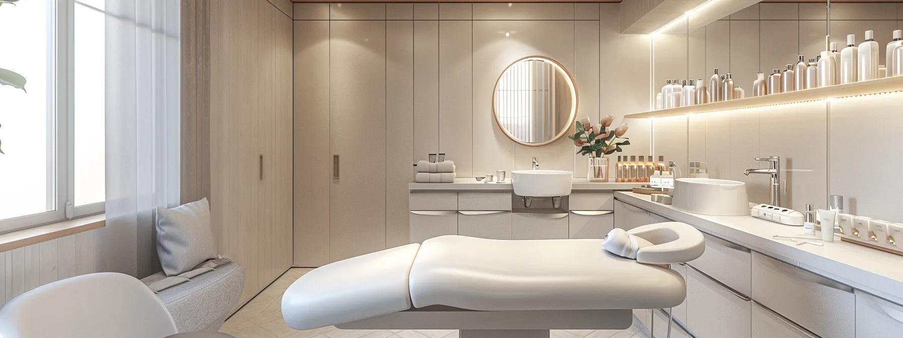 a sleek, modern beauty salon interior features a tranquil waxing room with a neatly arranged waxing table and essential preparation tools, evoking a sense of professionalism and care for an optimal client experience.