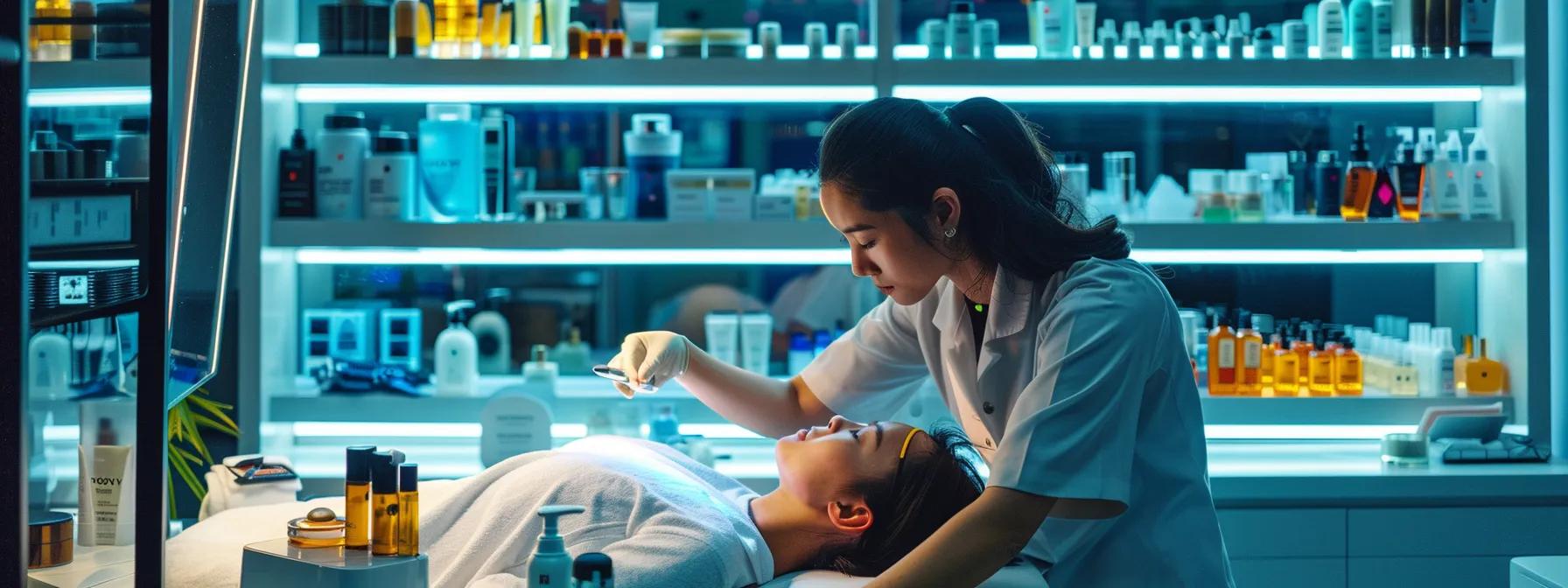 a sleek, modern beauty studio with bright, focused lighting highlights a professional beautician expertly applying lash lift products on a client reclined comfortably, showcasing the meticulous atmosphere of precision and care in beauty treatments.