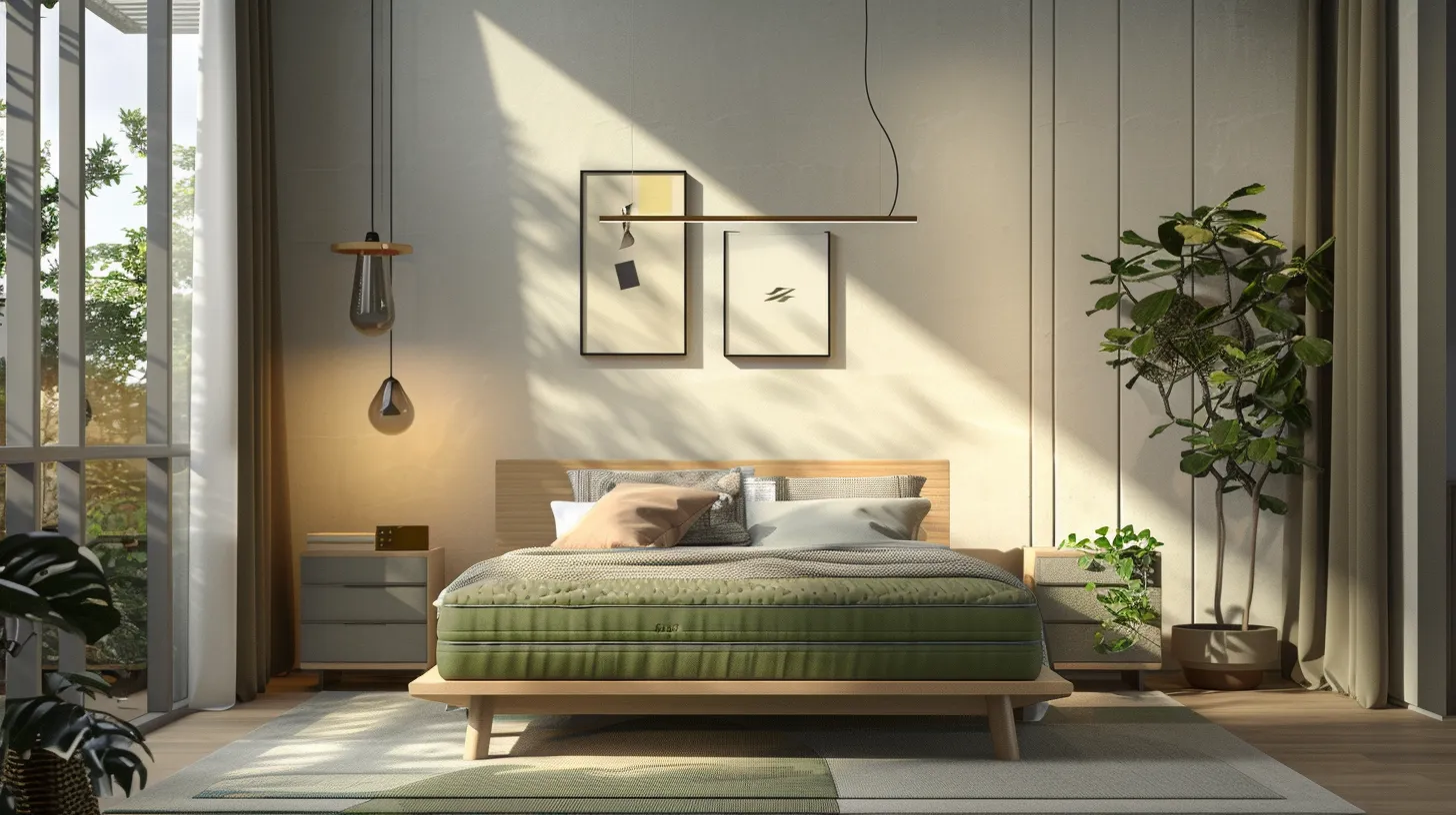 a sleek, modern bedroom showcasing a luxurious avocado green mattress prominently displayed on a minimalist platform bed, accentuated by warm, inviting lighting and eco-friendly decor elements that emphasize sustainability and comfort. a sleek, modern bedroom showcasing a luxurious avocado green mattress prominently displayed on a minimalist platform bed, accentuated by warm, inviting lighting and eco-friendly decor elements that emphasize sustainability and comfort.