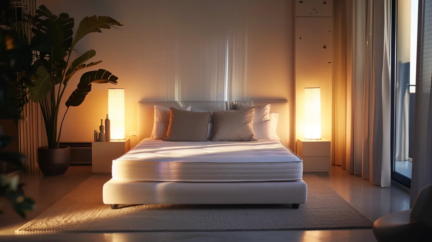 a sleek, modern bedroom showcases a stylish eco-friendly mattress adorned with organic fabric and a minimalist design, illuminated by soft, ambient lighting that highlights its sustainability features and complements the overall serene atmosphere. a sleek, modern bedroom showcases a stylish eco-friendly mattress adorned with organic fabric and a minimalist design, illuminated by soft, ambient lighting that highlights its sustainability features and complements the overall serene atmosphere.