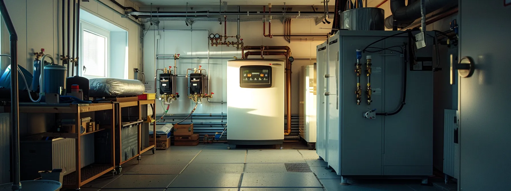 a sleek, modern boiler glistens in a bright, organized utility room, highlighting its pristine condition as a symbol of efficient heating and preventative maintenance. a sleek, modern boiler glistens in a bright, organized utility room, highlighting its pristine condition as a symbol of efficient heating and preventative maintenance.