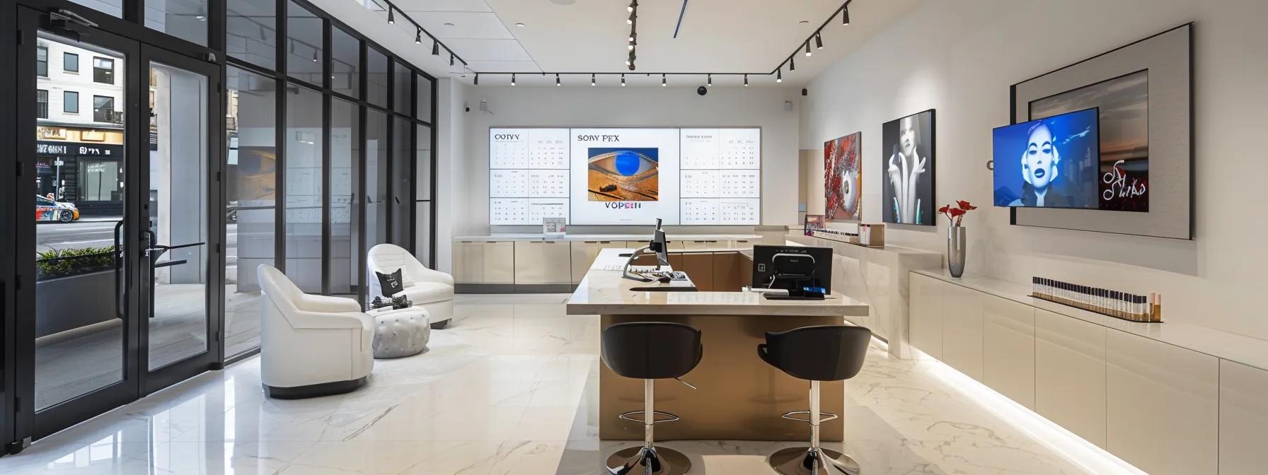 a sleek, modern NY Brow & Threading Salon reception area on nassau street, featuring an elegant online booking station with a stylish calendar interface on a high-resolution screen, inviting clients to effortlessly schedule their eyebrow shaping appointments in a chic urban setting.